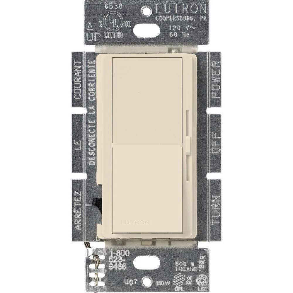 Diva gloss dimmer for 250W CFL/LED, 600W inc/hal, or Lutron Hi-Lume A-Series LTE LED Driver, clamshell packaging in light almond