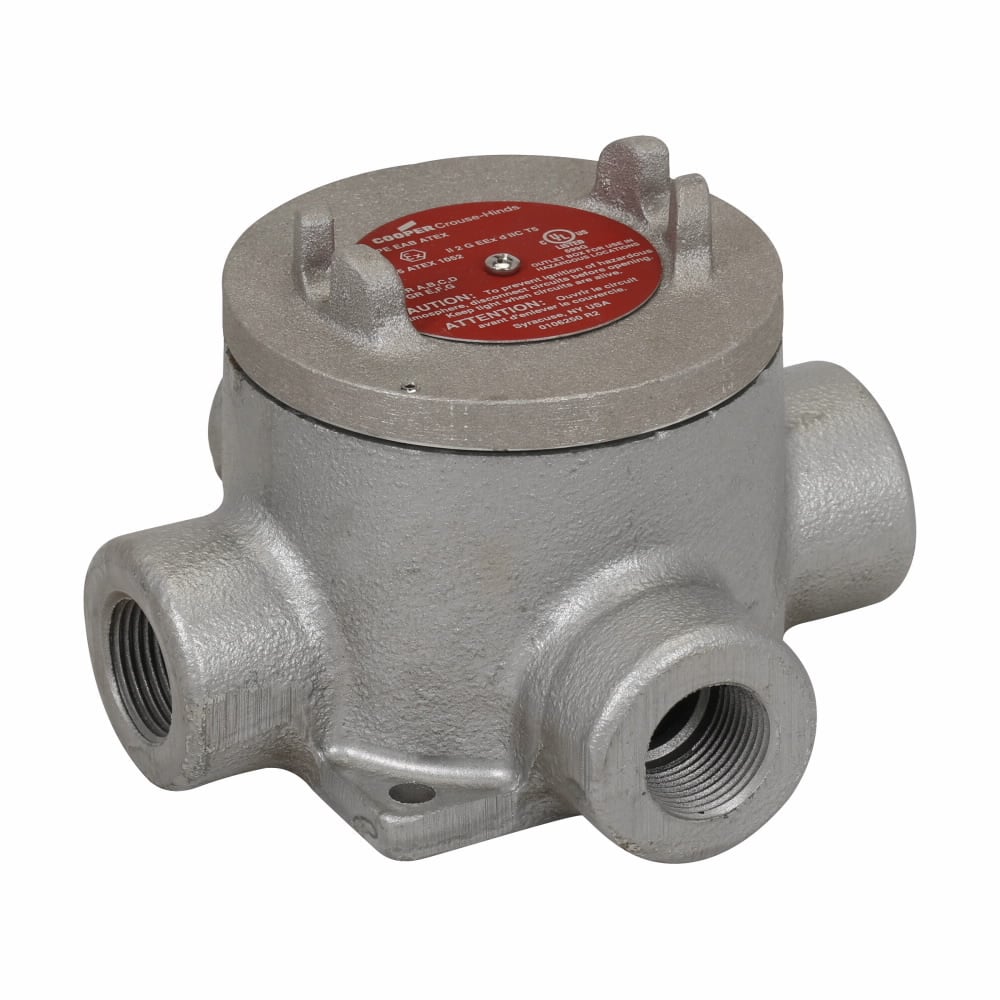 Eaton Crouse-Hinds series Condulet EAB ATEX conduit outlet box with cover, 3" cover opening diameter, Feraloy iron alloy, X shape, 1/2"
