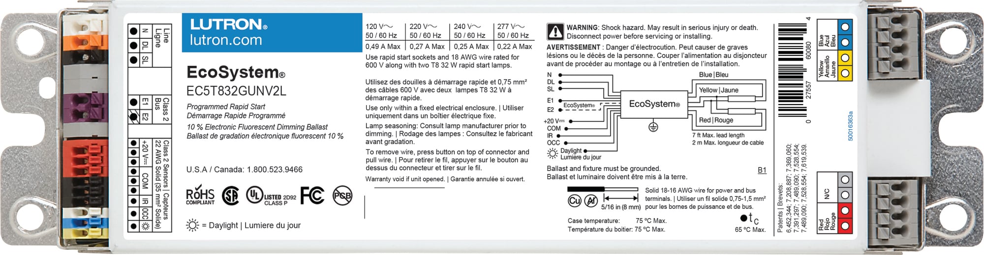 EcoSystem 10 percent 3-Wire and EcoSystem Digital Link Controlled T8 Linear and U-Bent 2 lamps, ballast factor of .85, with leads, G-can 32W/120/277V