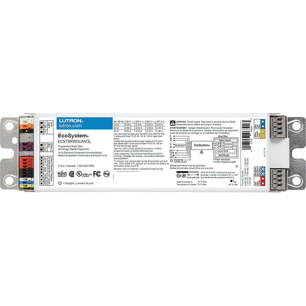 EcoSystem 10 percent 3-Wire and EcoSystem Digital Link Controlled Reduced Wattage T8 Linear and U-Bent 3 lamps, ballast factor of .85, with leads, G-can 15W/28W/30W120/277V