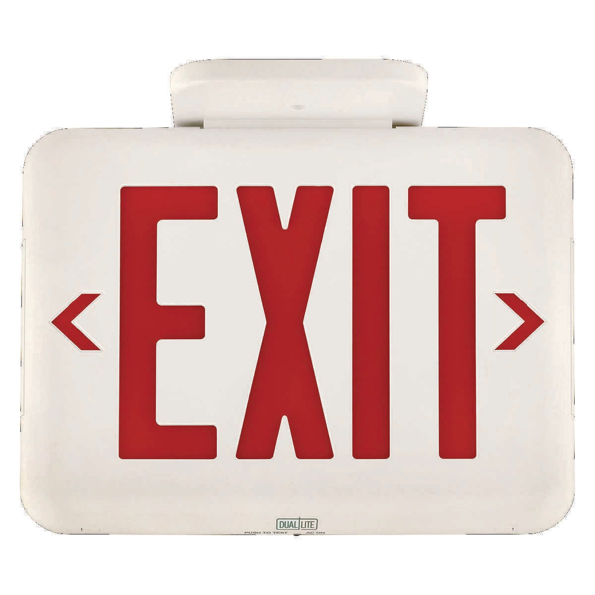 EVE Series LED exit sign, Face style: Universal Face, Wording On Sign: EXIT, Letter Color: Red, Housing Finish: White, Operation: Emergency, Battery Type: Nickel Metal Hydride (NiMH), Battery Runtime: 90 min, Voltage Rating: 120-277 VAC.