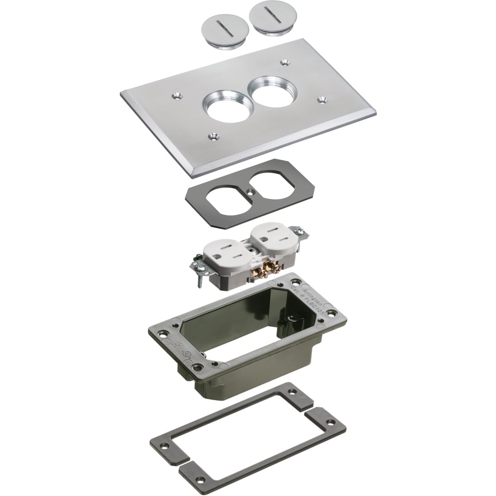 Trim kits for Arlington's Metallic concrete floor boxes. Nickel.