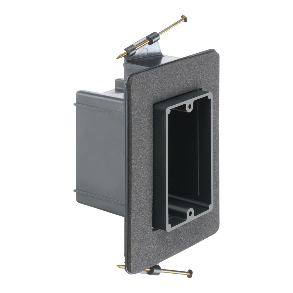 Versatile non conductive outlet box for new construction, single gang screw on. 22 cu inches. Grounding Clip