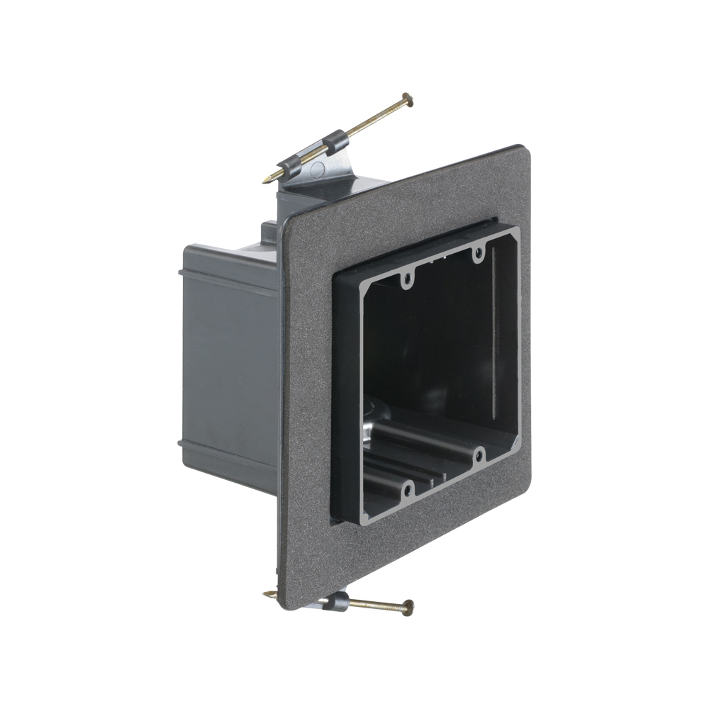 Versatile non conductive outlet box for new construction, two gang screw on. 42 cu inches. Grounding Clip