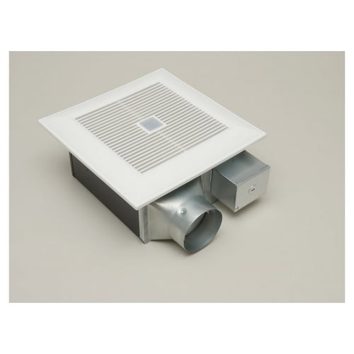 WhisperFit EZ fan, Pick-A-Flow Speed Selector 80 or 110 CFM, 0.3 or 0.8 sone, built-in Motion Sensor, Flex-Z Fast installation bracket, detachable 4" to 3" duct adapter included.