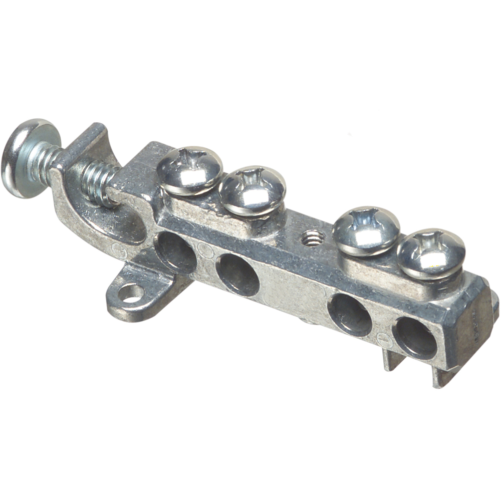 Intersystem grounding bridge, has 4 termination points, one more than required by the NEC. Cable range 4 termination points for #4 to #14 solid or stranded. Attaches to grounding conductor with lay in style lug with a cable range of #6 to #2 grounding wire solid or stranded. Zinc no cover.