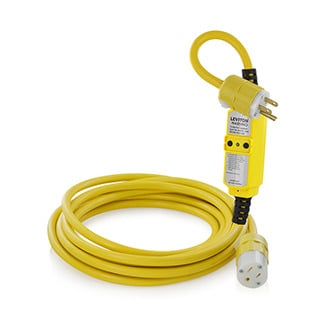 25 Ft Cord Connected Manual Reset GFCI Heavy Duty Extension Cord Set. 15A-120V 2 Pole-3 Wire Grounding. 25 Ft Cord Set 14-3 Smooth Yellow Water Resistant UL And CSA Type SJTW Wire With A Yellow And Natural Nylon 5-15P Straight Plug.   Cat. no. 5266-CY And A Yellow And Natural Nylon. 5-15R Straight Connector.   Cat. no. 5269-CY - Yellow