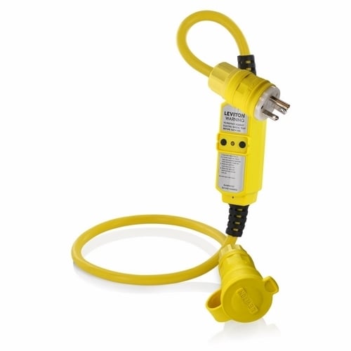 20A-120V. 3 Ft. -1/2 Inch Cord Connected Manual Reset GFCI Extension Cord Set. With 12-3 Awg UL And CSA Type SJTW 90C 300V Smooth Yellow Water Resistant Cord. One End 14W33-000 Wetguard Plug Nema 5-20P.  Other End 15W33 Wetguard Connector Nema 5-20R. Yellow GFCI Located 9 Inches From Face Of Plug. - Yellow