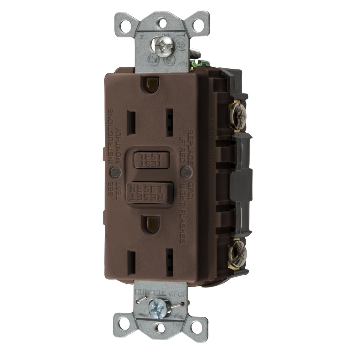 Power Protection Devices, Receptacle, Self Test, GFCI, 15A 125V, 2-Pole 3-Wire Grounding, 5-15R, Brown