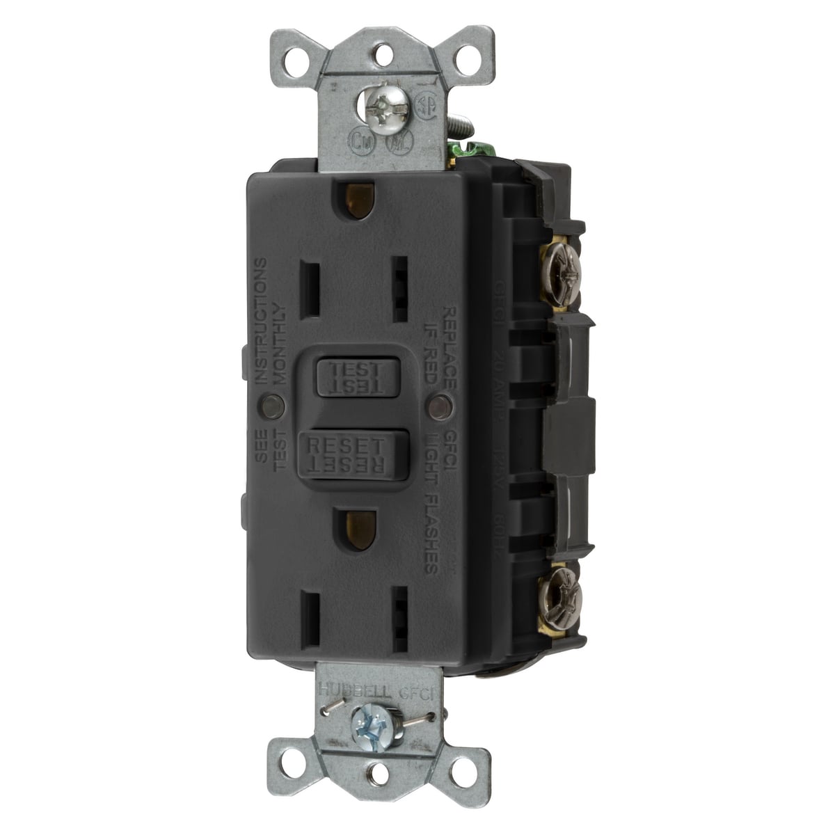 Power Protection Devices, Receptacle, Self Test, GFCI, 15A 125V, 2-Pole 3-Wire Grounding, 5-15R, Black