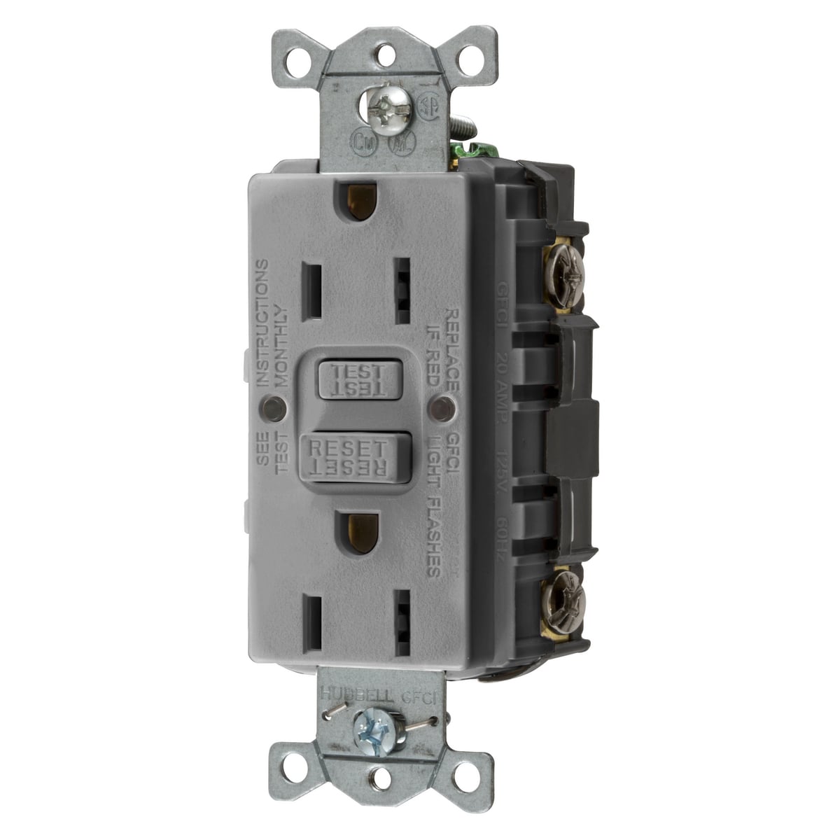 Power Protection Devices, Receptacle, Self Test, GFCI, 15A 125V, 2-Pole 3-Wire Grounding, 5-15R, Gray