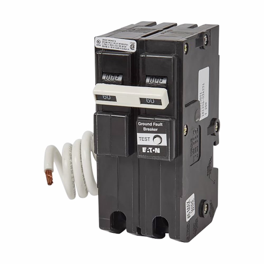 Eaton BR GFCI circuit breaker, Ground fault personnel protection circuit breakers, 60 A, 10 kAIC, Two-pole, 120/240 V, GFTCB, Common, Plug-on, #14-4 AWG, Ground fault self test, GFI
