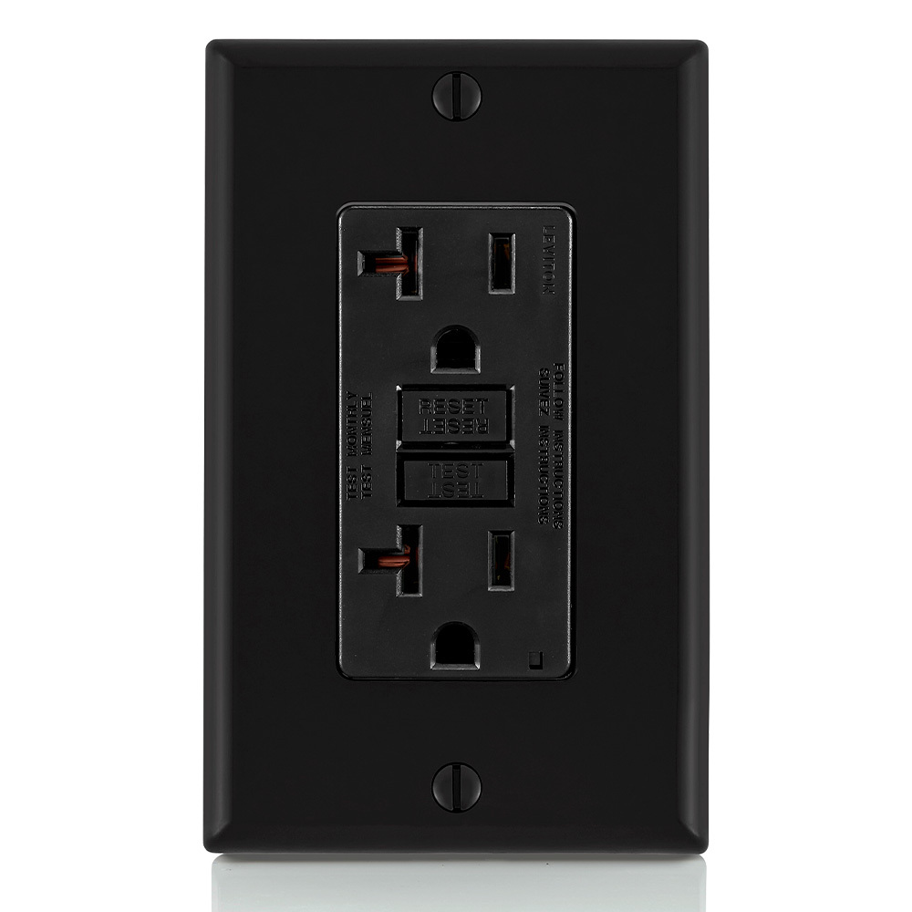 Slim Tamper Resistant, Weather Resistant Nema 5-20r 20a-125v @ Receptacle,20a-125v Feed-through W/ Black Test And  Reset Buttons Less Mounting Screws And Washers, Less Self-Ground Clip, Less Wallplate And Wallplate Screw.ears Removed From Strap-Black