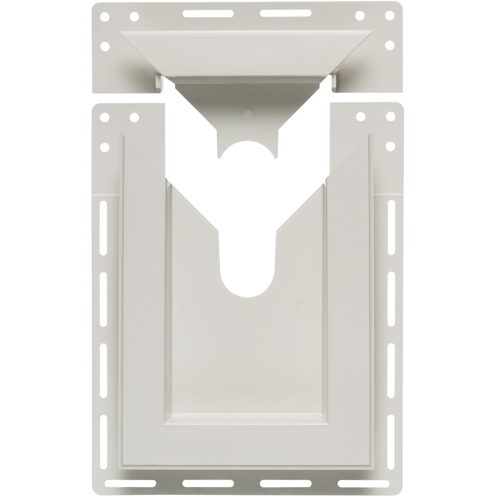 2 piece, non metallic, hose bib for all siding types. Built in J-channel. Paintable.