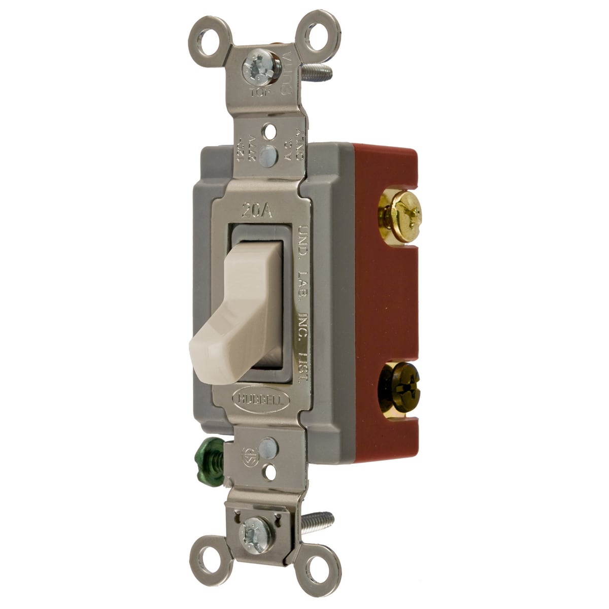 Switches and Lighting Controls, Extra Heavy Duty Industrial Grade, Toggle Switches, General Purpose AC, Three Way, 20A 120/277V AC, Back and Side Wired, Light Almond Toggle