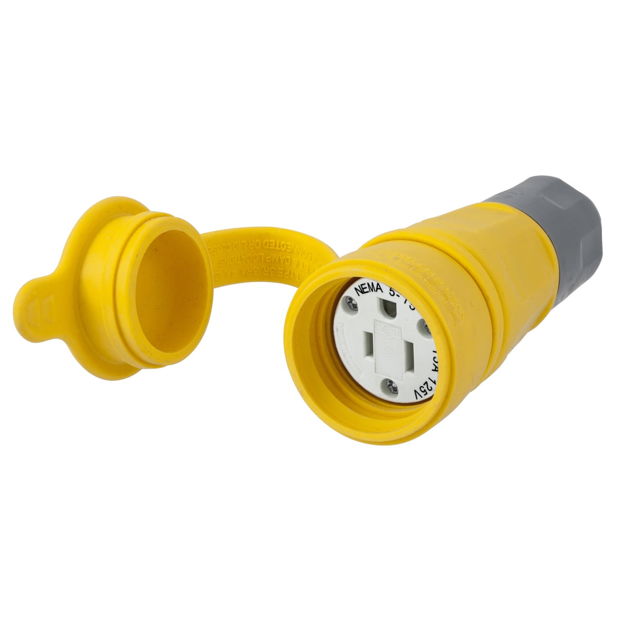 Straight Blade Devices, Thermoplastic  Elastomer Water Tight, Industrial/Commercial Grade, Straight, 2-Pole 3-Wire Grounding, 15A 125V, 5-15R, Yellow, Single Pack.