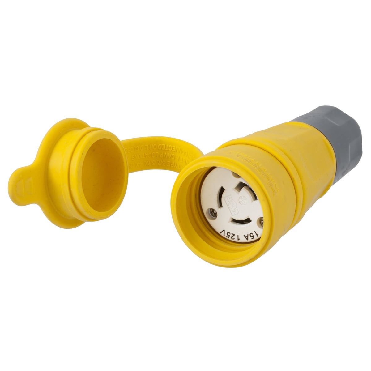 Watertight Devices, Twist-Lock Connector, 15A, 125V AC, 2 Pole, 3 Wire, Thermoplastic elastomer, NEMA L5-15R, Yellow