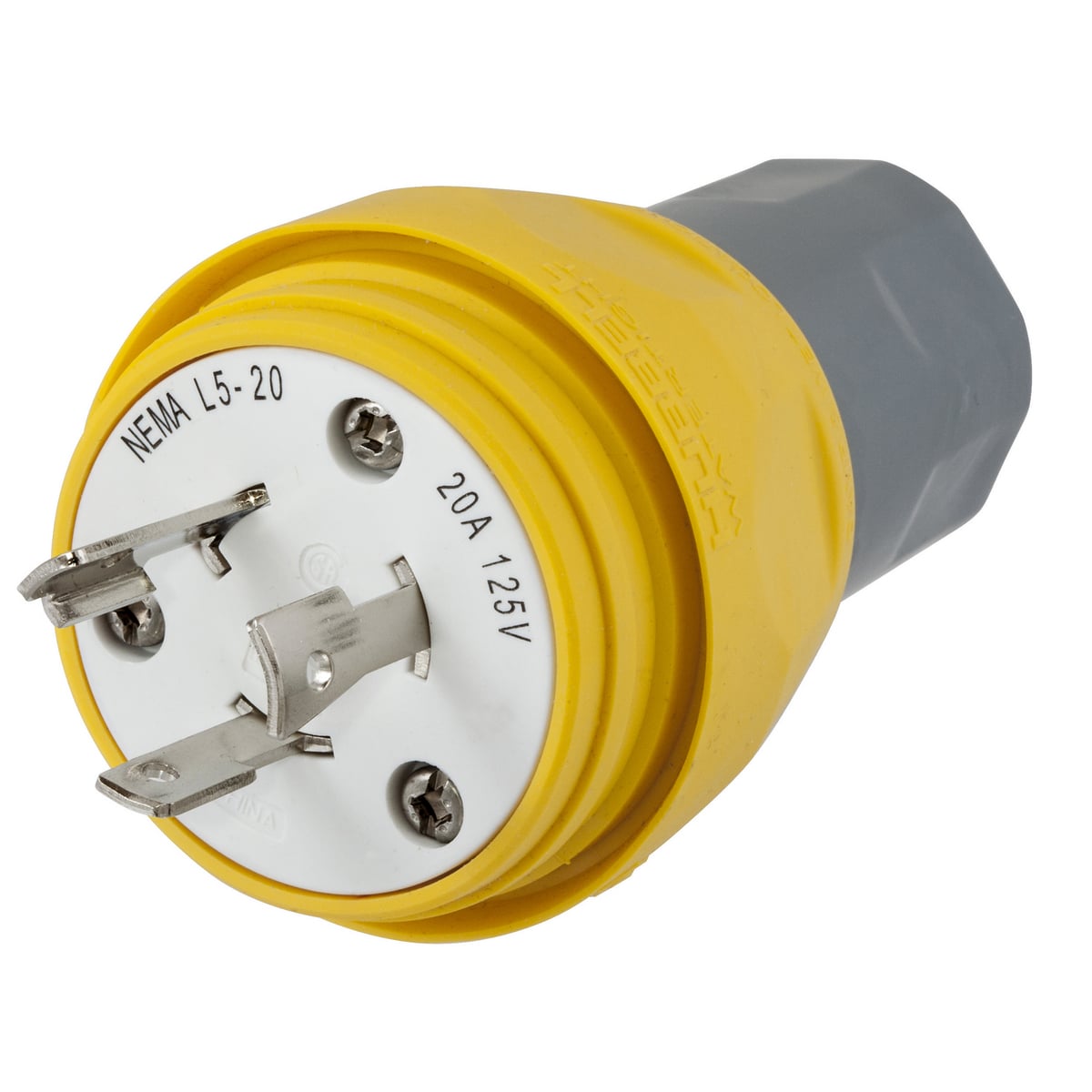 Watertight Devices, Twist-Lock Plug, 20A, 125V AC, 2 Pole, 3 Wire, Thermoplastic elastomer, NEMA L5-20P, Yellow
