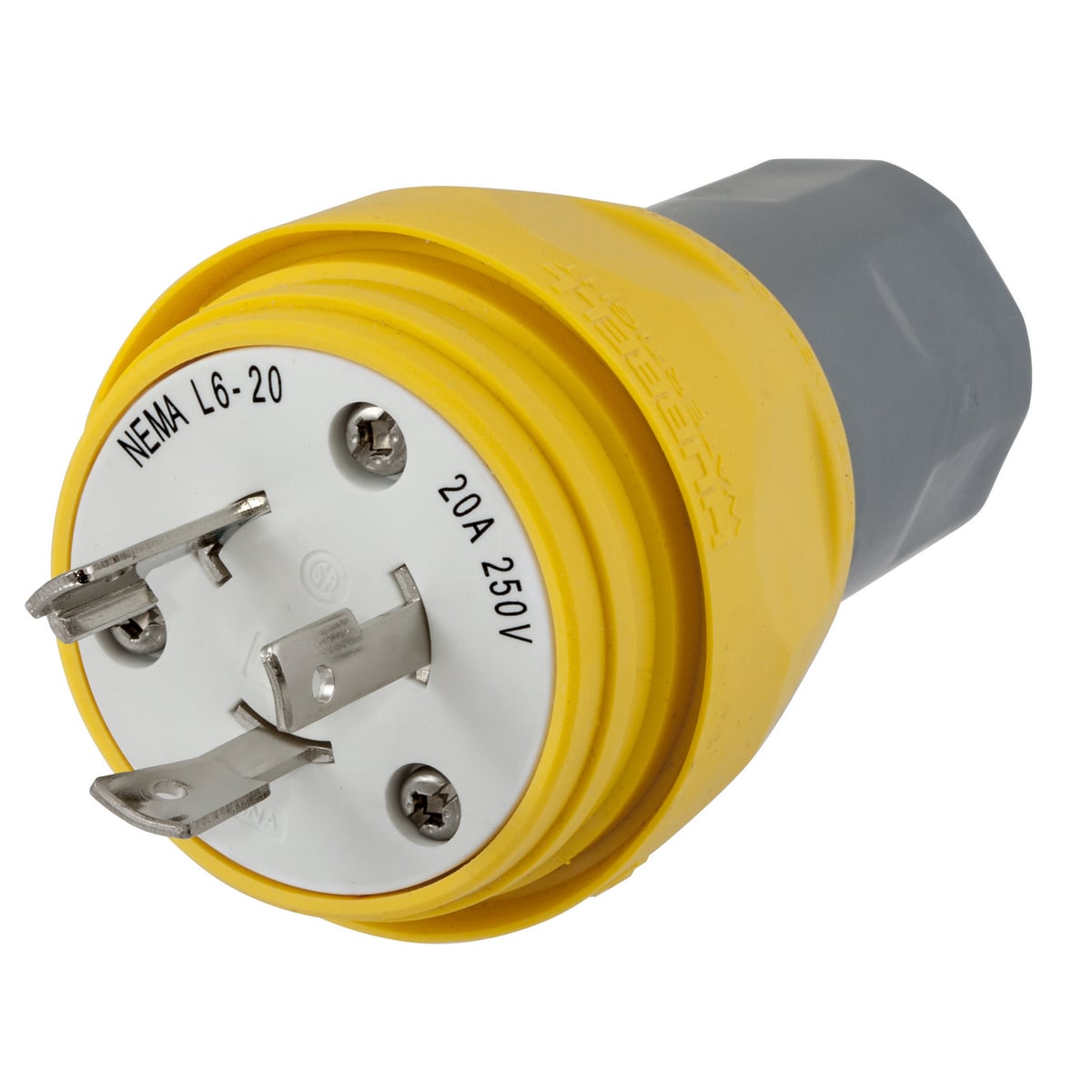 Watertight Devices, Twist-Lock Plug, 20A, 250V AC, 2 Pole, 3 Wire, Thermoplastic elastomer, NEMA L6-20P, Yellow