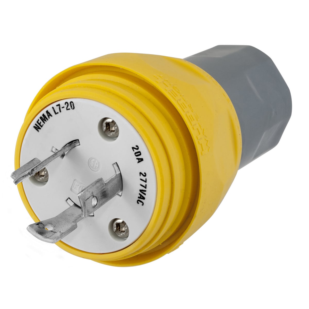Watertight Devices, Twist-Lock Plug, 20A, 277V AC, 2 Pole, 3 Wire, Thermoplastic elastomer, NEMA L7-20P, Yellow