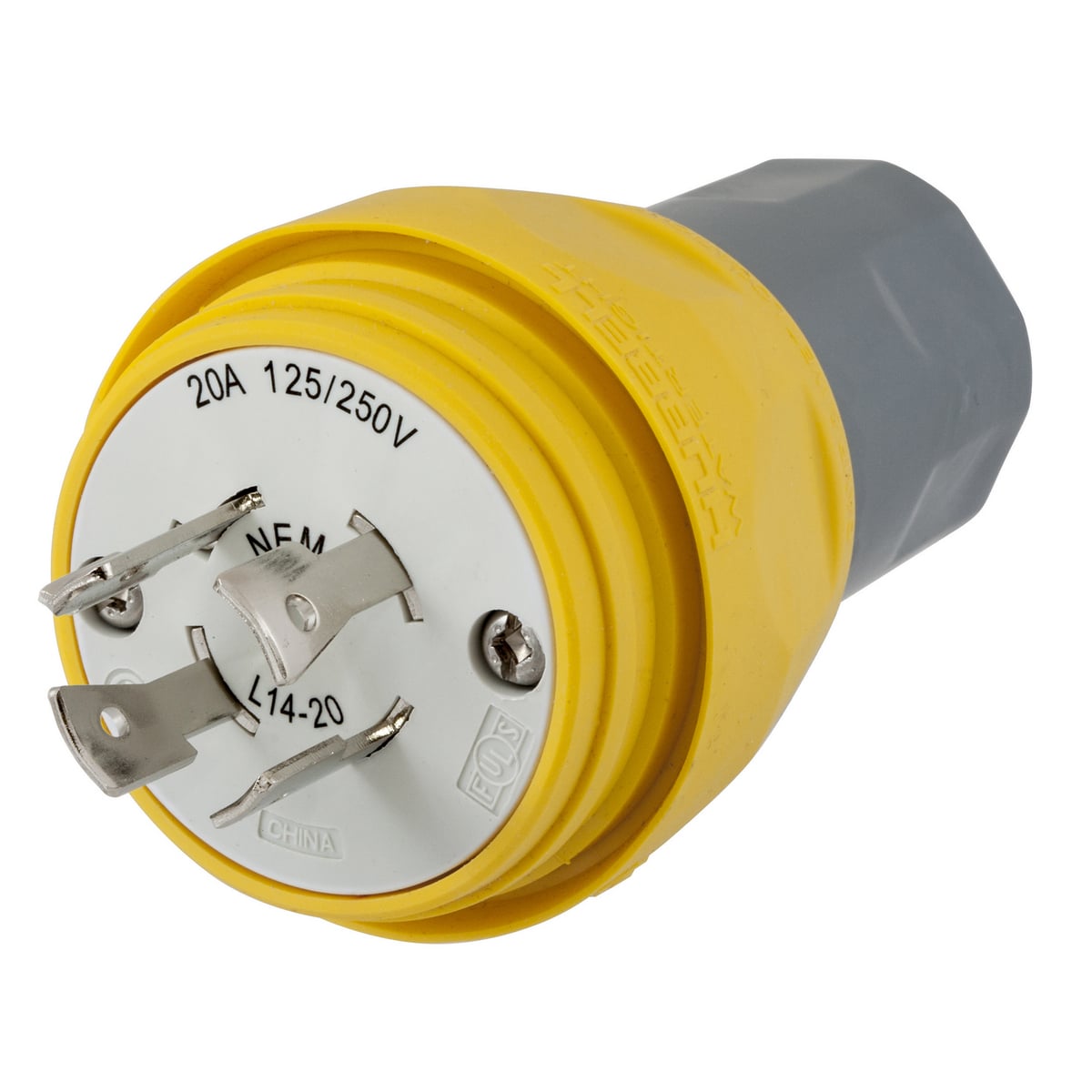 Watertight Devices, Twist-Lock Plug, 20A, 125/250V AC, 3 Pole, 4 Wire, Thermoplastic elastomer, NEMA L14-20P, Yellow