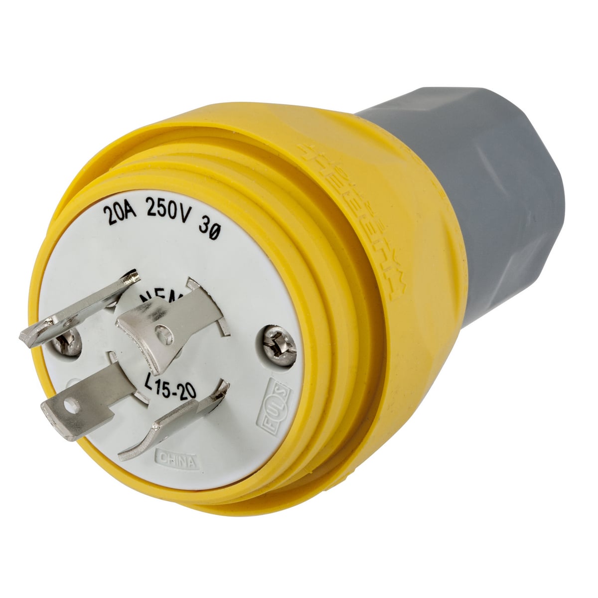 Watertight Devices, Twist-Lock Plug, 20A, 3 Phase 250V AC, 3 Pole, 4 Wire, Thermoplastic elastomer, NEMA L15-20P, Yellow