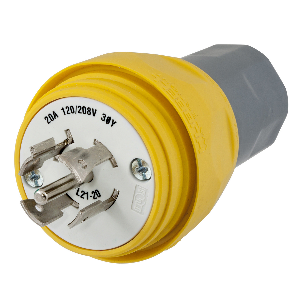 Watertight Devices, Twist-Lock Plug, 20A, 3 Phase WYE 120/208V, 4 Pole, 5 Wire, Thermoplastic elastomer, NEMA L21-20P, Yellow