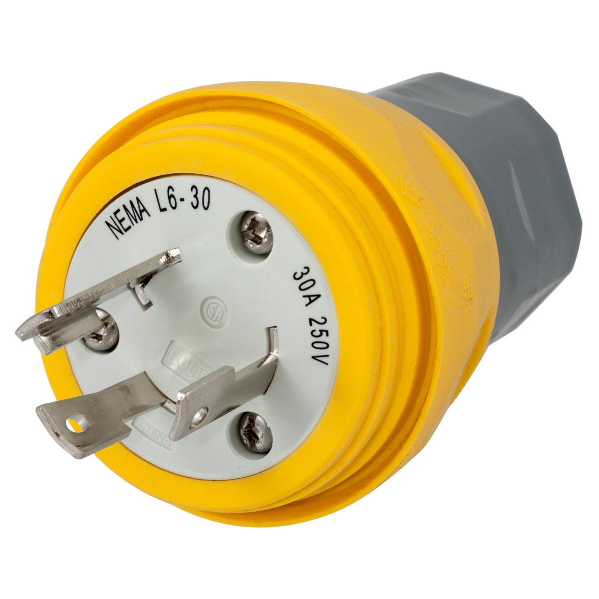 Watertight Devices, Twist-Lock Plug, 30A, 250V, 2 Pole, 3 Wire, Thermoplastic elastomer, NEMA L6-30P, Yellow