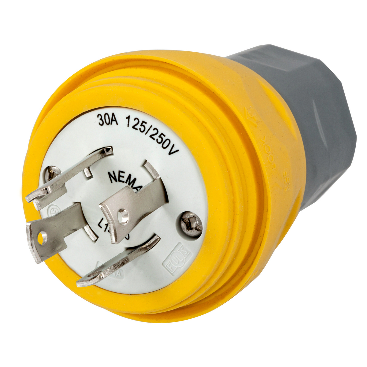 Watertight Devices, Twist-Lock Plug, 30A, 125/250V AC, 3 Pole, 4 Wire, Thermoplastic elastomer, NEMA L14-30P, Yellow
