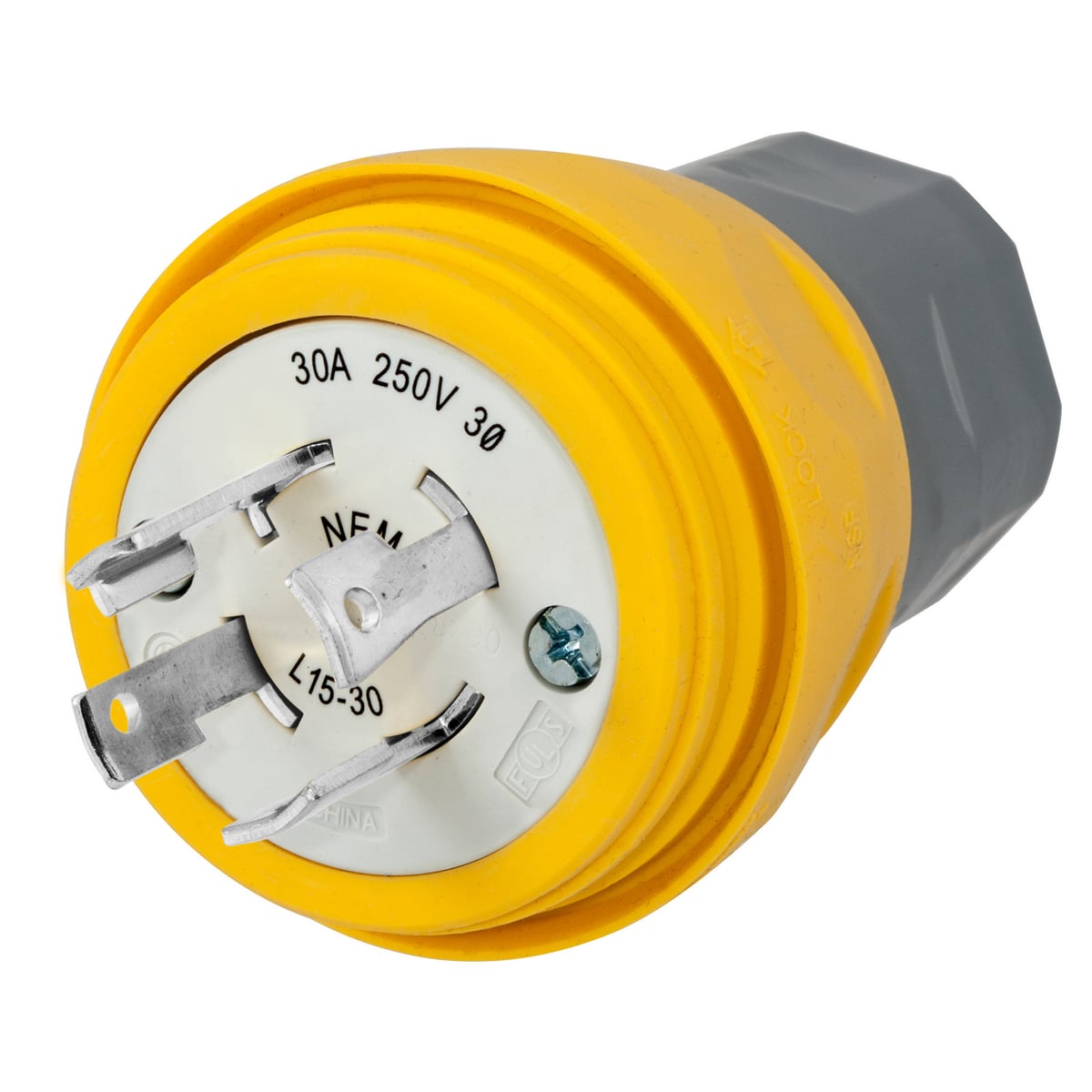 Watertight Devices, Twist-Lock Plug, 30A, 3 Phase 250V AC, 3 Pole, 4 Wire, Thermoplastic elastomer, NEMA L15-30P, Yellow