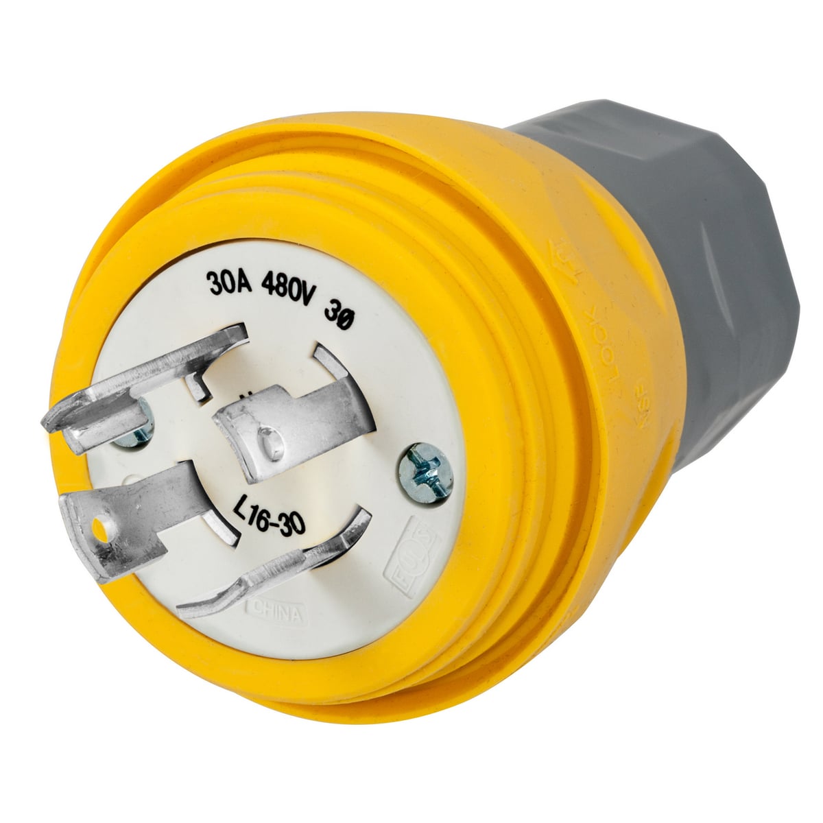Watertight Devices, Twist-Lock Plug, 30A, 3 Phase 480V AC, 3 Pole, 4 Wire, Thermoplastic elastomer, NEMA L16-30P, Yellow.