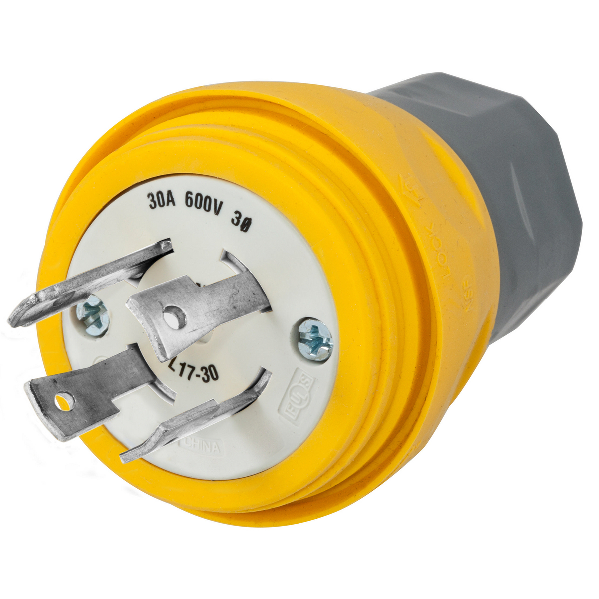 Watertight Devices, Twist-Lock Plug, 30A, 3 Phase 600V AC, 3 Pole, 4 Wire, Thermoplastic elastomer, NEMA L17-30P, Yellow