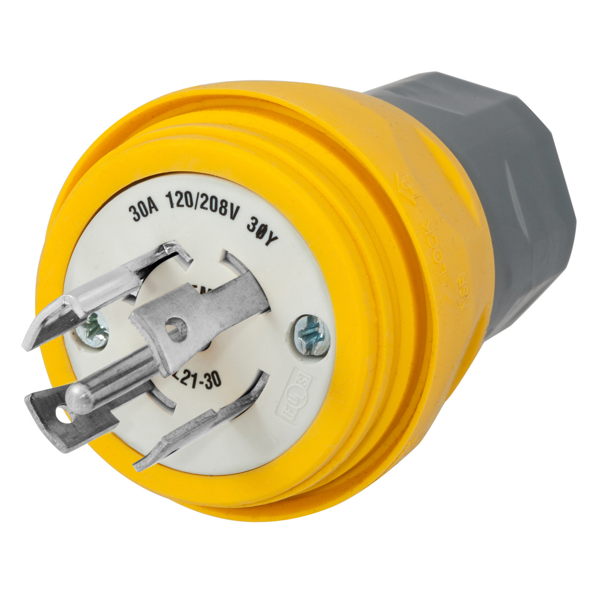 Watertight Devices, Twist-Lock Plug, 30A, 3 Phase WYE 120/208V AC, 4 Pole, 5 Wire, Thermoplastic elastomer, NEMA L21-30P, Yellow