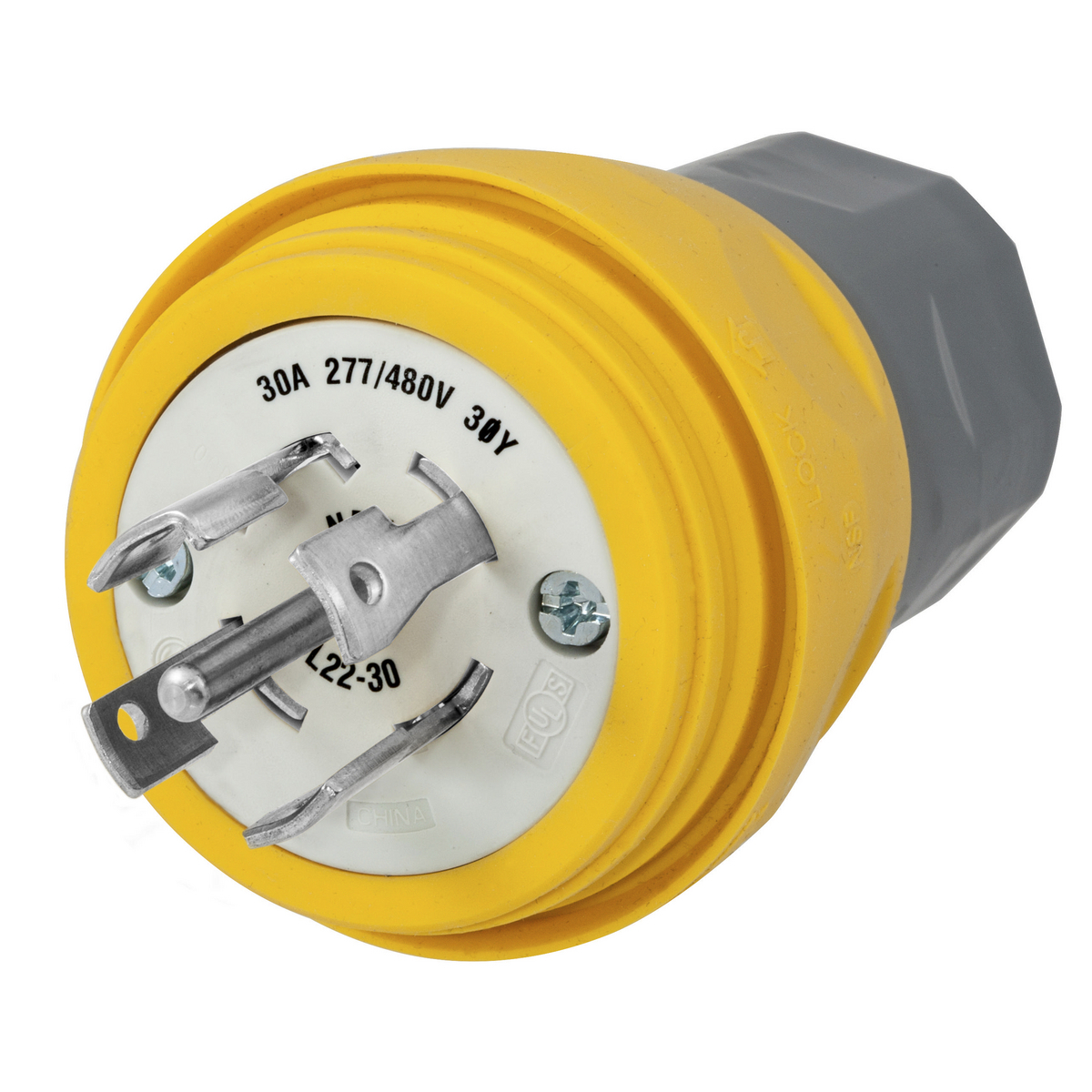 Watertight Twist-Lock Plug, 30A, 3 Phase WYE 277/480V AC, 4-Pole, 5 Wire, Thermoplastic elastomer, NEMA L22