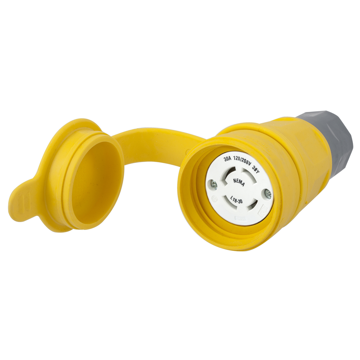 Watertight Devices, Twist-Lock Connector, 30A, 3 Phase WYE 120/208V AC, 4 Pole, 4 Wire, Thermoplastic elastomer, NEMA L18-30R, Yellow