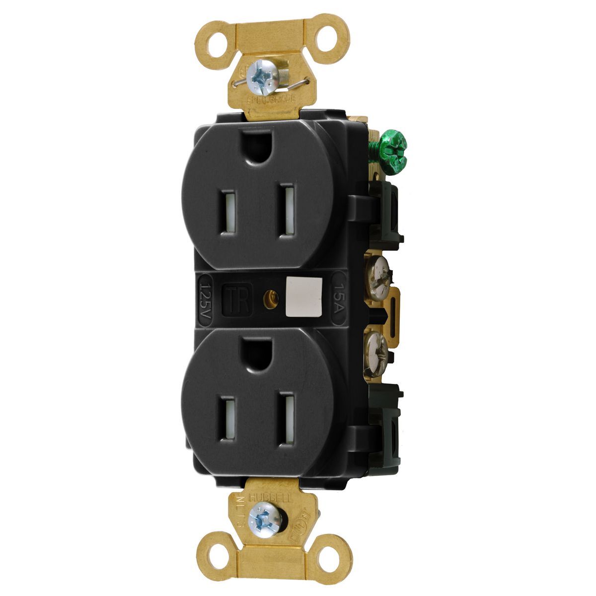 Straight Blade Devices, Tamper Resistant Duplex Receptacle, Industrial Grade, 15A 125V, 2-Pole 3-Wire Grounding, 5-15R, Black.