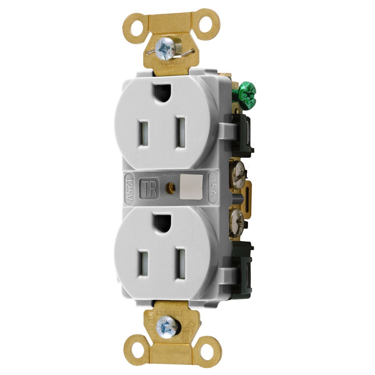 Straight Blade Devices, Tamper Resistant Duplex Receptacle, Industrial Grade, 15A 125V, 2-Pole 3-Wire Grounding, 5-15R, White.