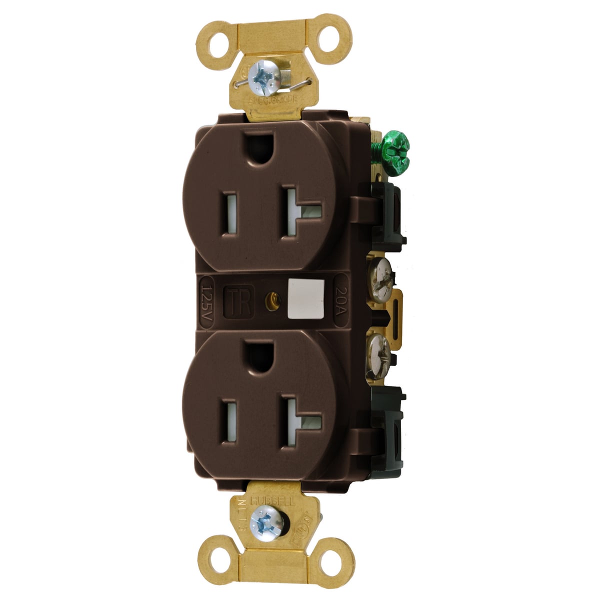 Straight Blade Devices, Tamper Resistant Duplex Receptacle, Industrial Grade, 20A 125V, 2-Pole 3-Wire Grounding, 5-20R, Brown.