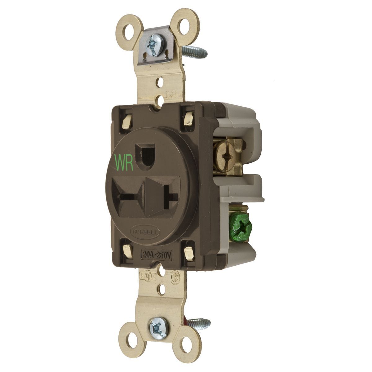 Hubbell Wiring Device Kellems, Straight Blade Devices, Receptacles,Weather-Resistant Single, Industrial Grade, 20A 250V, 2-Pole 3-WireGrounding, 6-20R, Brown, Single Pack