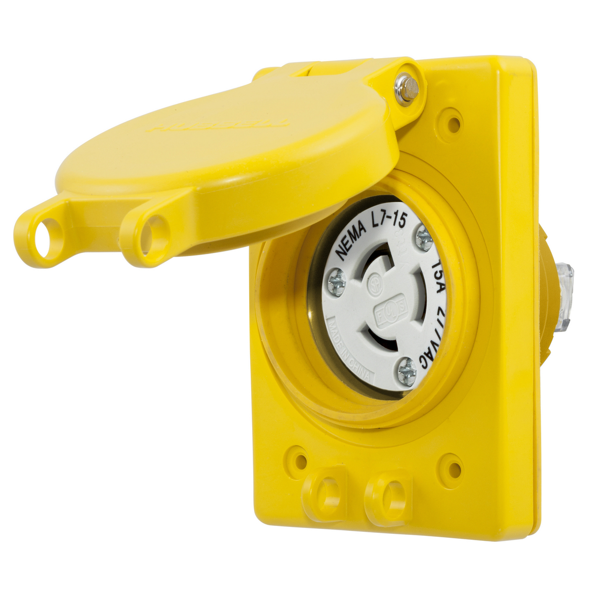 Watertight Devices, Twist-Lock Receptacle with Lift Cover, 15A, 277VAC, 2 Pole, 3 Wire, Thermoplastic elastomer, NEMA L7-15R, Yellow.