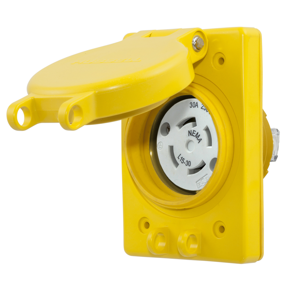 Watertight Devices, Twist-Lock Receptacle with Lift Cover, 30A, 3 Phase 250V AC, 3 Pole, 4 Wire, Thermoplastic elastomer, NEMA L15-30R, Yellow