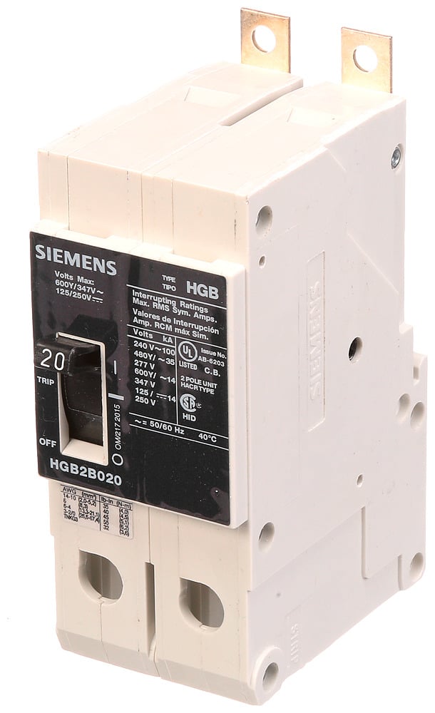  LOW VOLTAGE PANELBOARD MOUNT G FRAME CIRCUIT BREAKER WITH THERMAL - MAGNETIC TRIP. UL LISTED HGB FRAME WITH HIGH BREAKING CA PACITY. 20A 2-POLE (14KAICAT 600Y/347V) (35KAIC AT 480Y/277V). SPECIAL FEATURES MOUNTS ON PANELBOARD, LOAD SIDE LUGS ONLY (TC1Q1) WIRE RANGE 14 - 10 AWS (CU/AL). DIMENSIONS (W x H x D) IN 2 x 5.4 x 2.8.