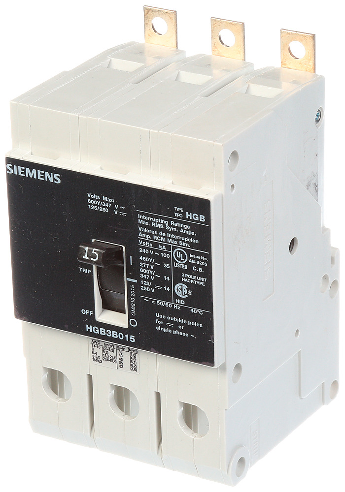  LOW VOLTAGE PANELBOARD MOUNT G FRAME CIRCUIT BREAKER WITH THERMAL - MAGNETIC TRIP. UL LISTED HGB FRAME WITH HIGH BREAKING CA PACITY. 15A 3-POLE (14KAICAT 600Y/347V) (35KAIC AT 480Y/277V). SPECIAL FEATURES MOUNTS ON PANELBOARD, LOAD SIDE LUGS ONLY (TC1Q1) WIRE RANGE 14 - 10 AWS (CU/AL). DIMENSIONS (W x H x D) IN 3 x 5.4 x 2.8.