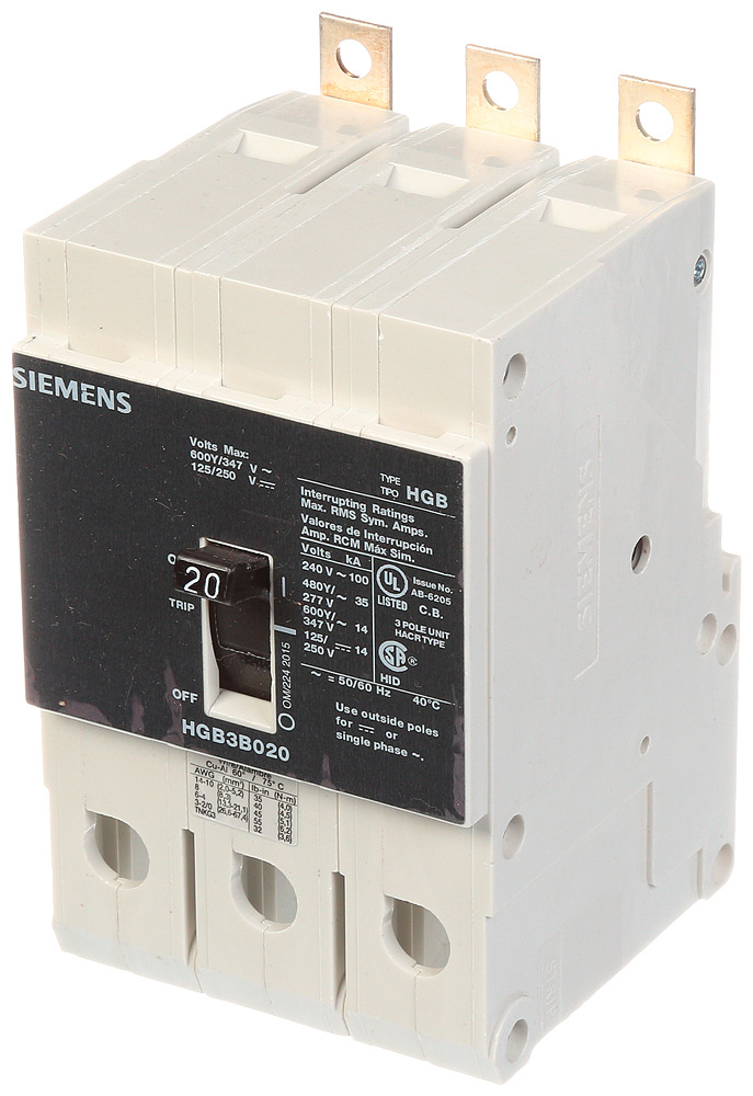 LOW VOLTAGE PANELBOARD MOUNT G FRAME CIRCUIT BREAKER WITH THERMAL - MAGNETIC TRIP. UL LISTED HGB FRAME WITH HIGH BREAKING CA PACITY. 20A 3-POLE (14KAICAT 600Y/347V) (35KAIC AT 480Y/277V). SPECIAL FEATURES MOUNTS ON PANELBOARD, LOAD SIDE LUGS ONLY (TC1Q1) WIRE RANGE 14 - 10 AWS (CU/AL). DIMENSIONS (W x H x D) IN 3 x 5.4 x 2.8.