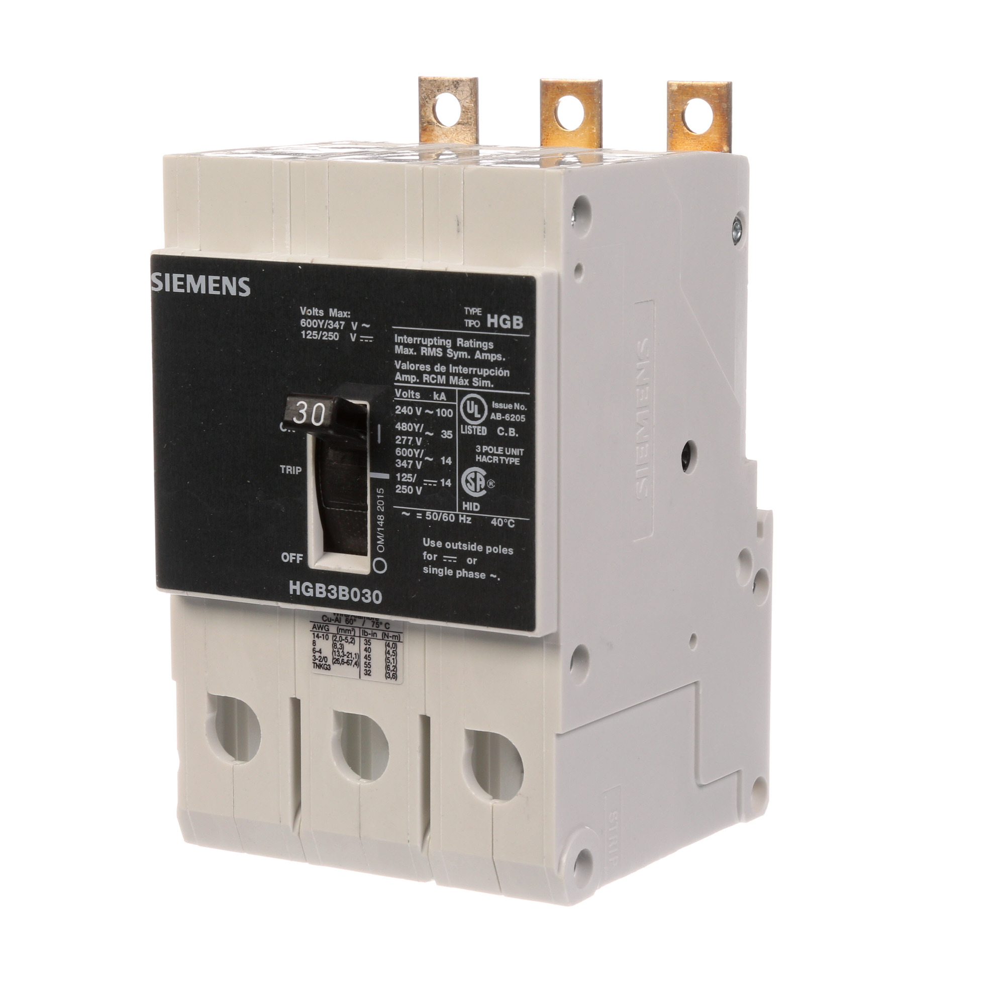  LOW VOLTAGE PANELBOARD MOUNT G FRAME CIRCUIT BREAKER WITH THERMAL - MAGNETIC TRIP. UL LISTED HGB FRAME WITH HIGH BREAKING CA PACITY. 30A 3-POLE (14KAICAT 600Y/347V) (35KAIC AT 480Y/277V). SPECIAL FEATURES MOUNTS ON PANELBOARD, LOAD SIDE LUGS ONLY (TC1Q1) WIRE RANGE 14 - 10 AWS (CU/AL). DIMENSIONS (W x H x D) IN 3 x 5.4 x 2.8.
