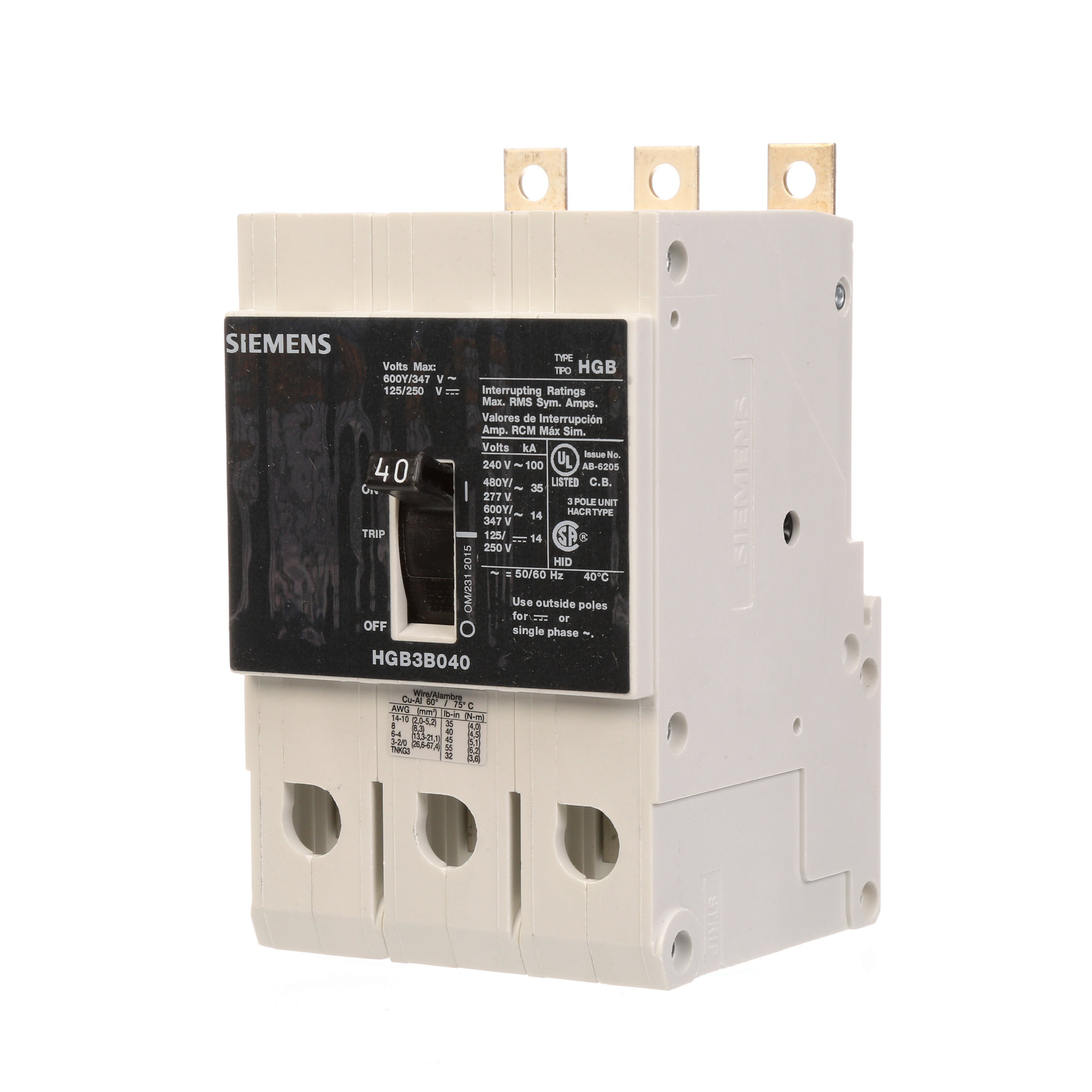  LOW VOLTAGE PANELBOARD MOUNT G FRAME CIRCUIT BREAKER WITH THERMAL - MAGNETIC TRIP. UL LISTED HGB FRAME WITH HIGH BREAKING CA PACITY. 40A 3-POLE (14KAICAT 600Y/347V) (35KAIC AT 480Y/277V). SPECIAL FEATURES MOUNTS ON PANELBOARD, LOAD SIDE LUGS ONLY (TC1GG20) WIRE RANGE 8 - 1/0 AWS (CU/AL). DIMENSIONS (W x H x D) IN 3 x 5.4 x 2.8.