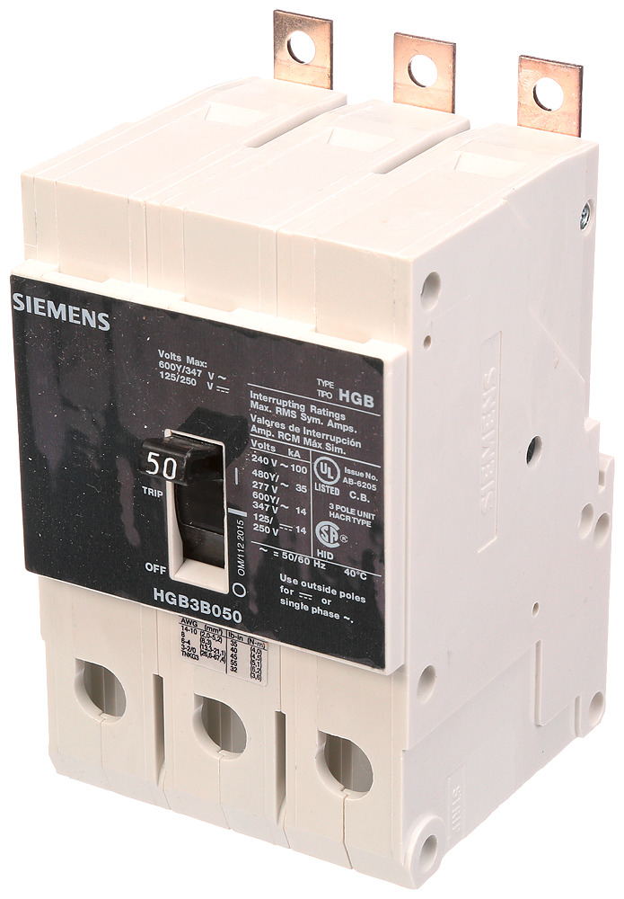  LOW VOLTAGE PANELBOARD MOUNT G FRAME CIRCUIT BREAKER WITH THERMAL - MAGNETIC TRIP. UL LISTED HGB FRAME WITH HIGH BREAKING CA PACITY. 50A 3-POLE (14KAICAT 600Y/347V) (35KAIC AT 480Y/277V). SPECIAL FEATURES MOUNTS ON PANELBOARD, LOAD SIDE LUGS ONLY (TC1GG20) WIRE RANGE 8 - 1/0 AWS (CU/AL). DIMENSIONS (W x H x D) IN 3 x 5.4 x 2.8.