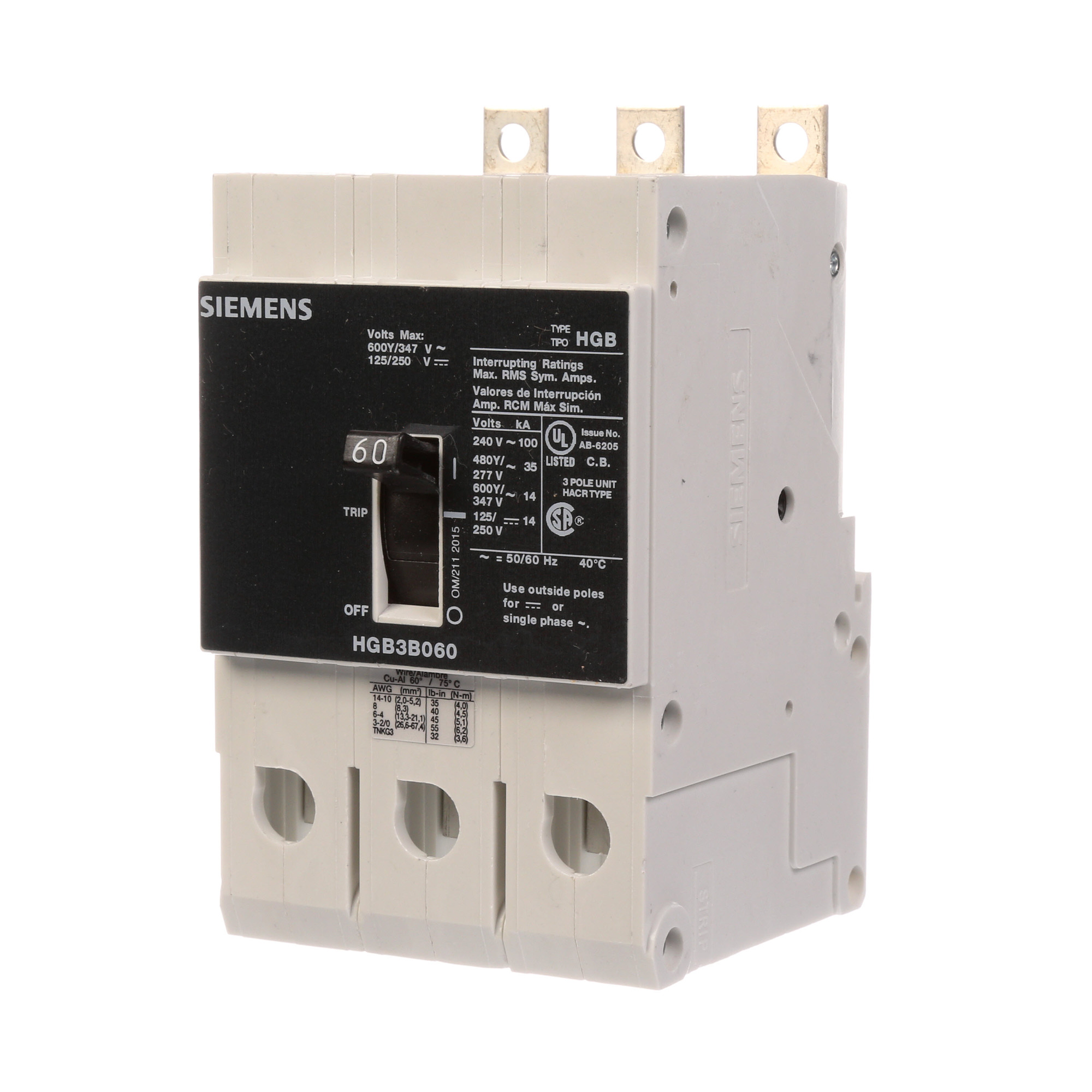  LOW VOLTAGE PANELBOARD MOUNT G FRAME CIRCUIT BREAKER WITH THERMAL - MAGNETIC TRIP. UL LISTED HGB FRAME WITH HIGH BREAKING CA PACITY. 60A 3-POLE (14KAICAT 600Y/347V) (35KAIC AT 480Y/277V). SPECIAL FEATURES MOUNTS ON PANELBOARD, LOAD SIDE LUGS ONLY (TC1GG20) WIRE RANGE 8 - 1/0 AWS (CU/AL). DIMENSIONS (W x H x D) IN 3 x 5.4 x 2.8.