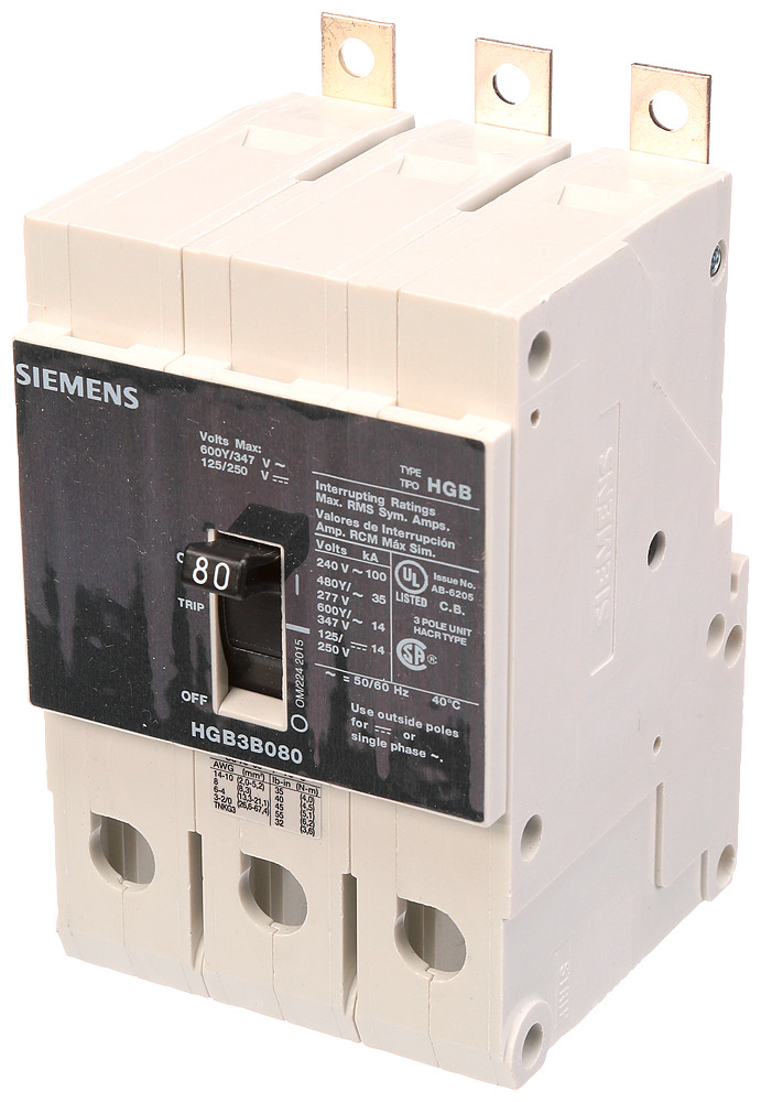  LOW VOLTAGE PANELBOARD MOUNT G FRAME CIRCUIT BREAKER WITH THERMAL - MAGNETIC TRIP. UL LISTED HGB FRAME WITH HIGH BREAKING CA PACITY. 80A 3-POLE (14KAICAT 600Y/347V) (35KAIC AT 480Y/277V). SPECIAL FEATURES MOUNTS ON PANELBOARD, LOAD SIDE LUGS ONLY (TC1GG20) WIRE RANGE 8 - 1/0 AWS (CU/AL). DIMENSIONS (W x H x D) IN 3 x 5.4 x 2.8.