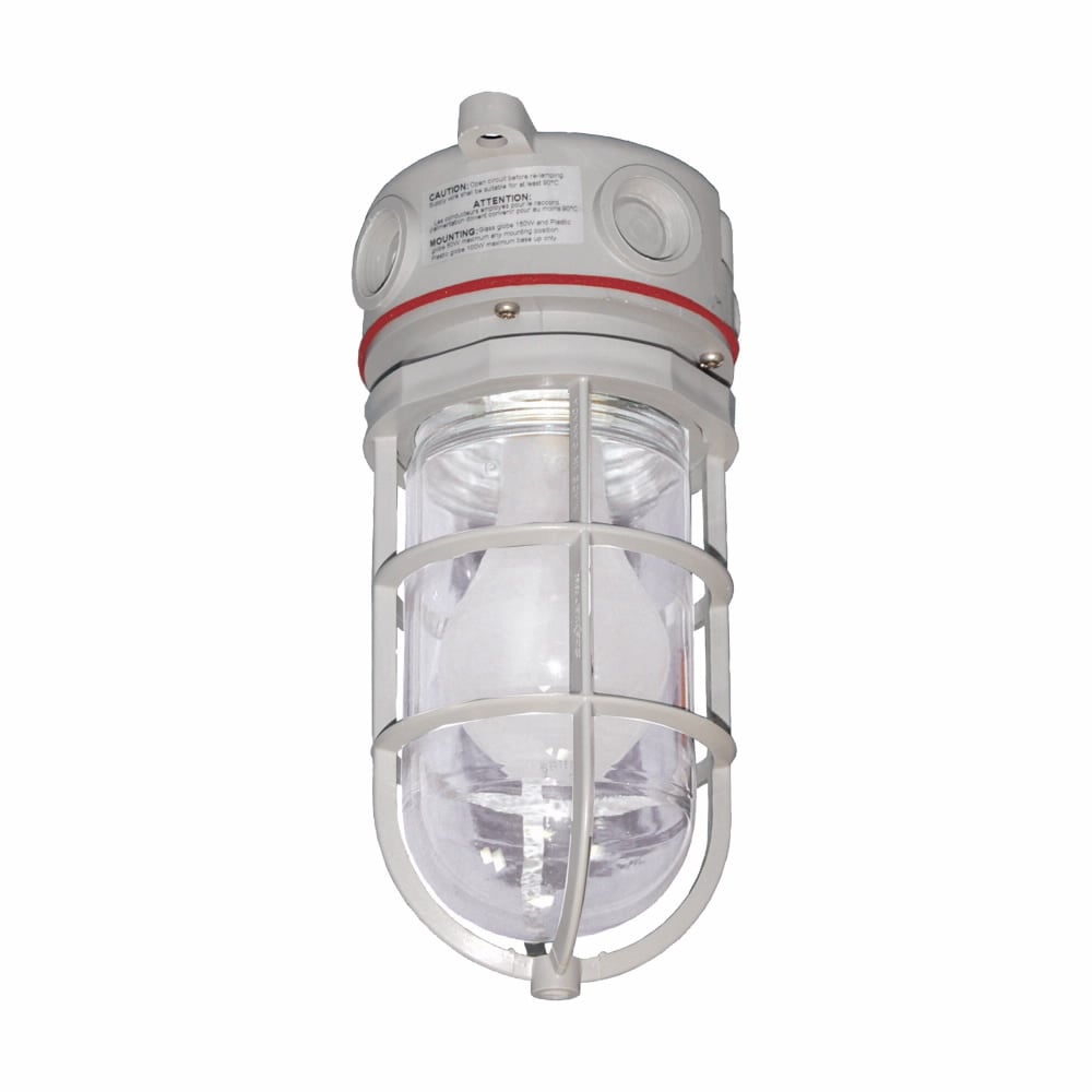 Eaton Crouse-Hinds series Pauluhn Exacta hazardous area globe and guard, Medium base, 60 Hz, Clear glass globe, With polymeric guard, Compact fluorescent, Reinforced polyethylene terephthalate (PET), Wall mount, 4 hubs, 3/4", 120 Vac, 32W